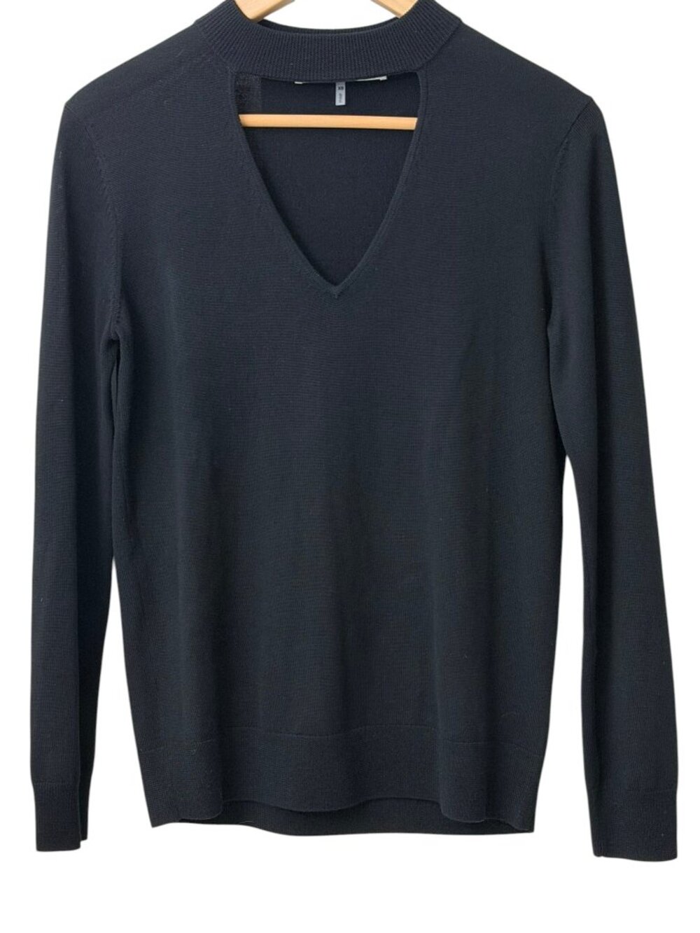 Trina Turk 100% Merino Wool Mock Neck Cutout V-Neck Keyhole Fine Knit Sweater XS